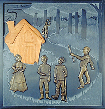 the first of 5 panels depicting the fairy tale, the golden goose. the mother, father, and their three sons standing in the forest in front of their modest home. this panel incorporates slate, wood and bronze