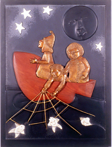 Winken Blinken and Nod afloat in a boat atop the ocean fishing with their net for herring. the full moon looks down upon them from the starry sky. this panel incorporates late, wood, silver leaf and bronze