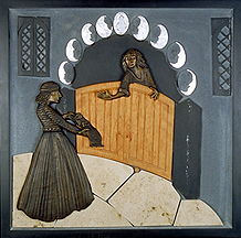 4 of 7 panels. the gypsy disguised as a peddler tepts Gircoccola with lovely pins for her hair. this panel incorporates slate, wood, limestone, gold and silver leaf this panel incorporates slate, bronze, limestone