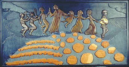 panel 3 of 5. Winless, the youngest of the brothers, holding a golden goose leads a line of figures as they careen through the town. this panel incorporates slate, wood, bronze and gold leaf
