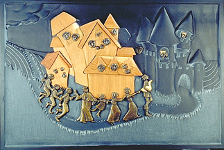 panel 4 of 5, Winless leads the string of figures thru the town and under the window of the princess. this panel incorporates slate, wood, bronze and gold leaf